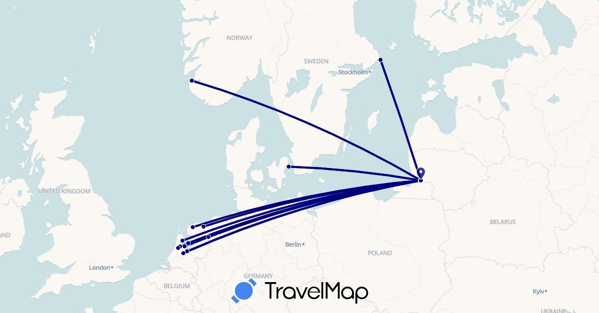 TravelMap itinerary: driving in Denmark, Lithuania, Netherlands, Norway, Sweden (Europe)